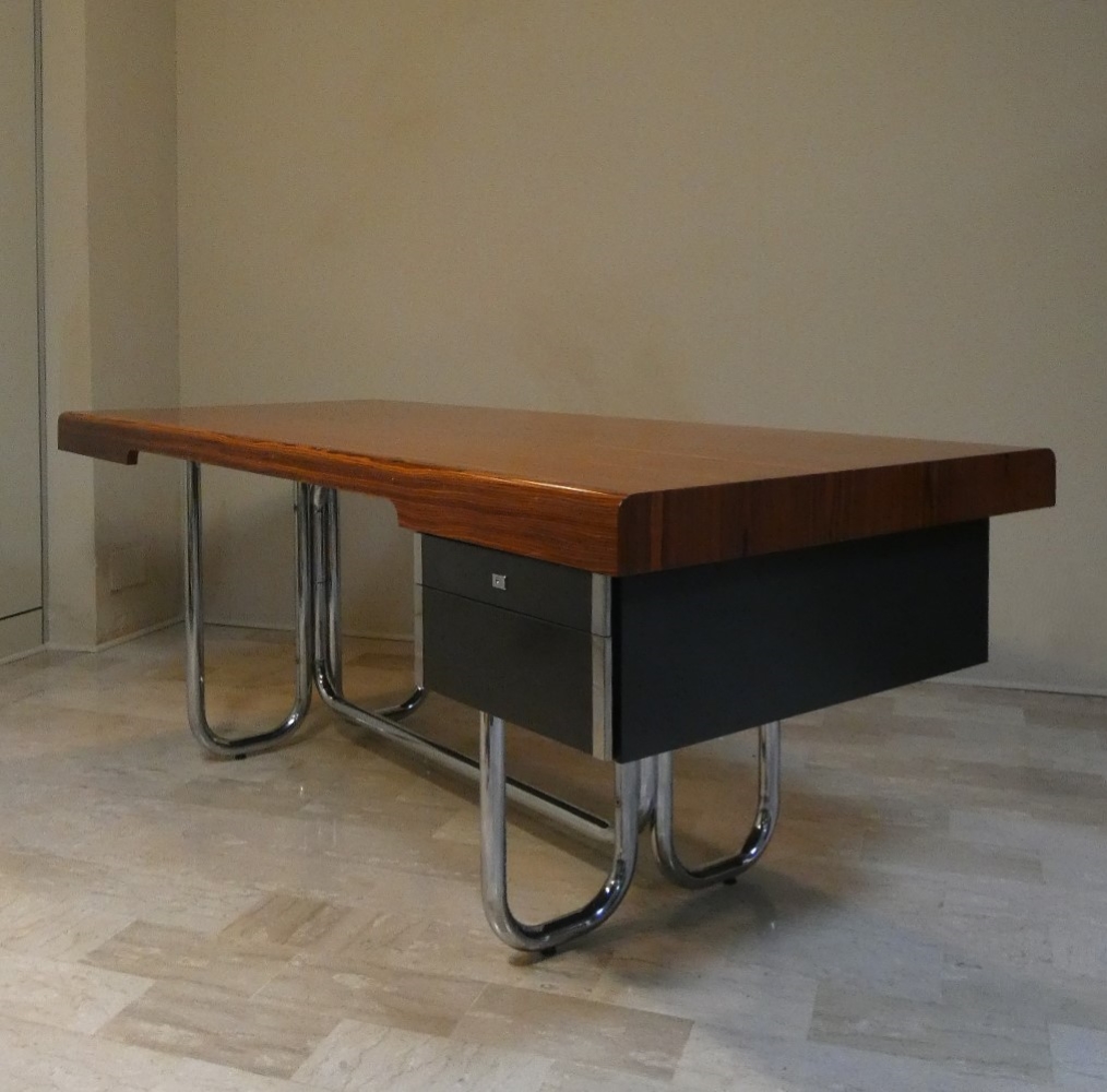 SCRIVANIA MODERNISTA IN PALISSANDRO E ACCIAIO CROMATO, FRANCIA ANNI '50