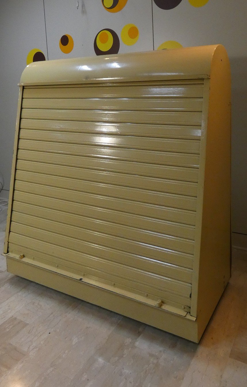 STORAGE/ESPOSITORE IN FERRO VERNICIATO CON CHIUSURA A SERRANDA, ITALIA ANNI '60 - immagine 4
